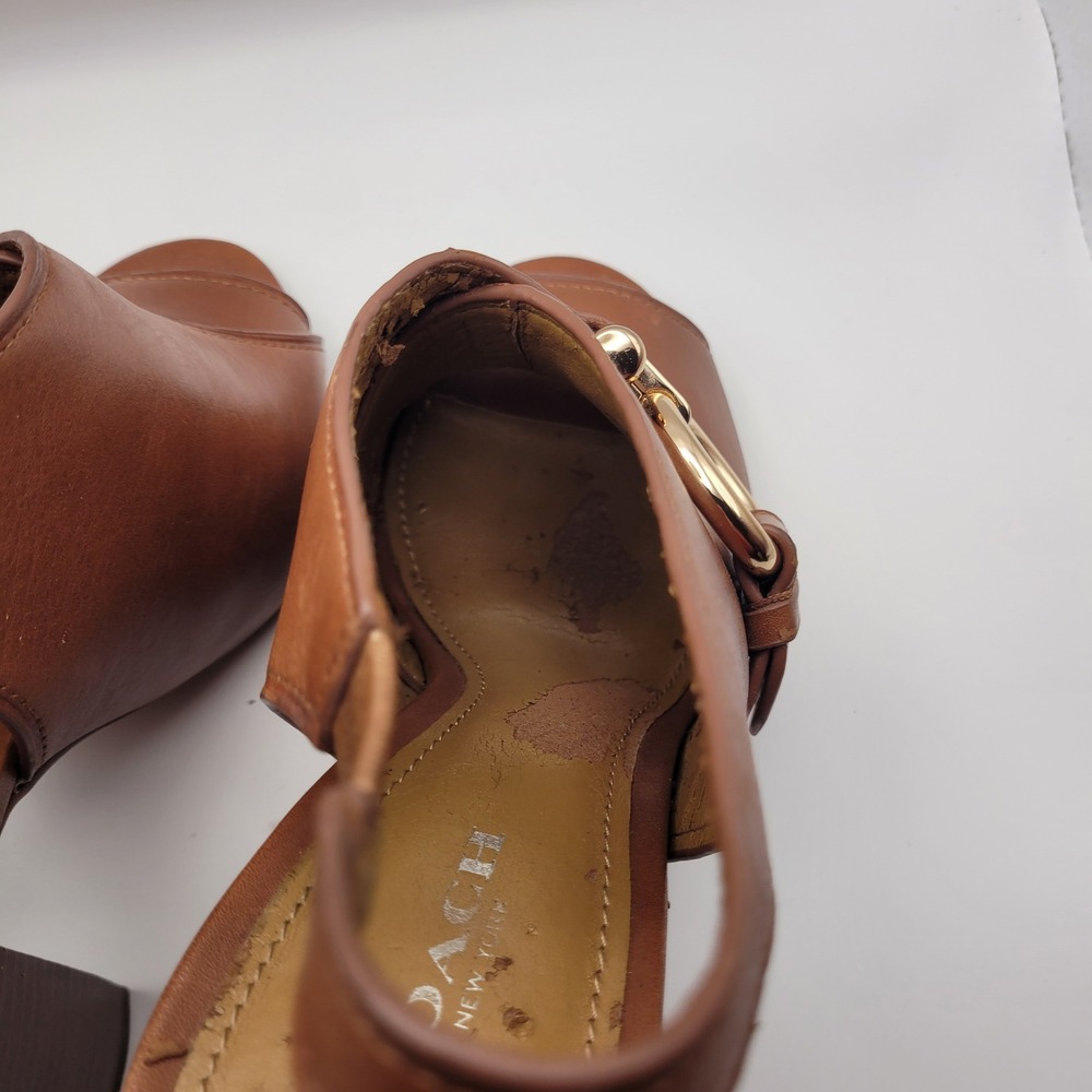 Coach Womens Brown Leather Peep Toe Slingback Block Heel Sandals Gold Buckle 6.5 - Picture 7 of 11